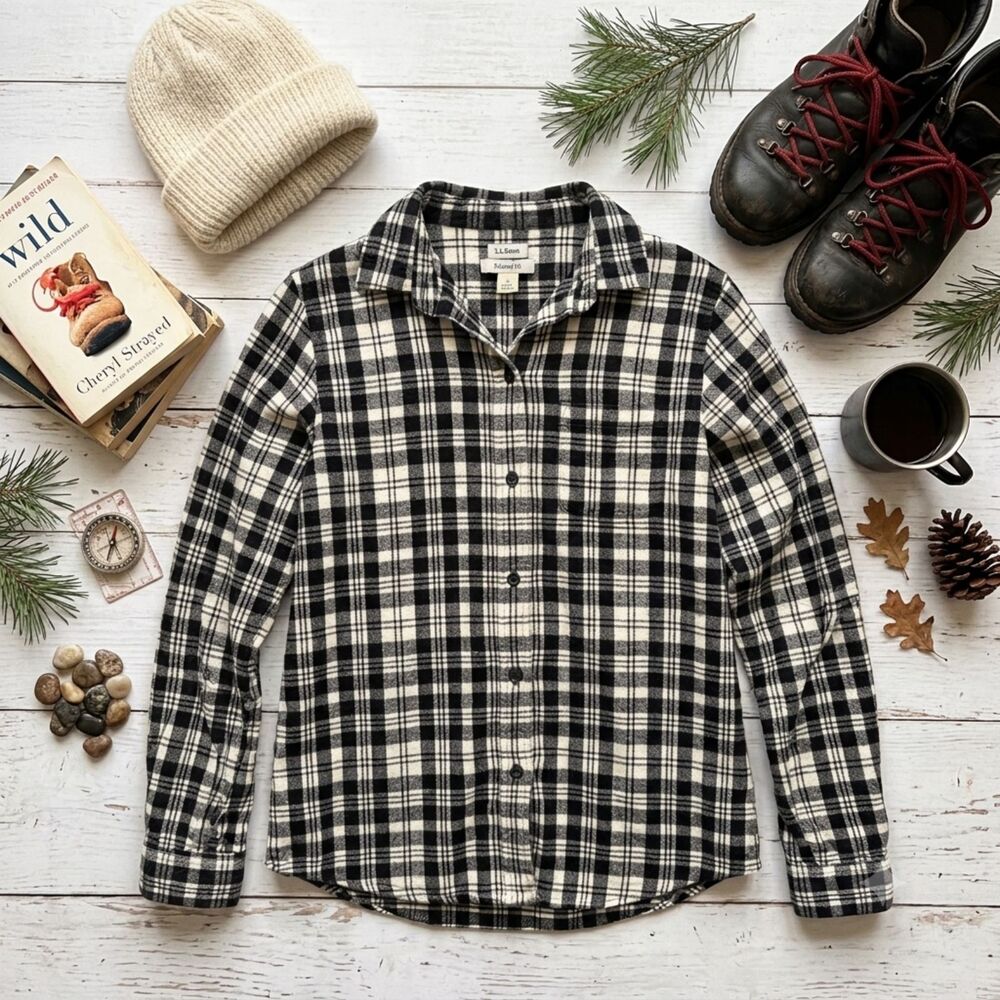 L.L. Bean Scotch Plaid Flannel Shirt Women S Tall Black White Relaxed Fit Cotton